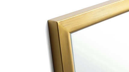 Close-up capturing the intersection of a gleaming gold picture frame, set against a crisp white background. Details highlight brushed metal texture. Frame corner angled subtly.