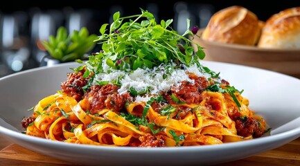 Bolo&ntilde;esa sobre pasta en un plato blanco con decoraci&oacute;n verde y pan al fondo