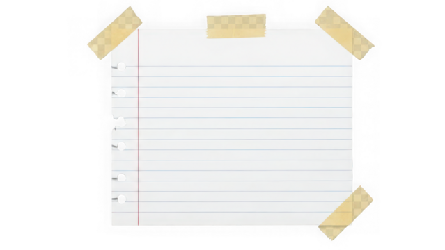 Blank lined notepad page secured with tape isolated on background