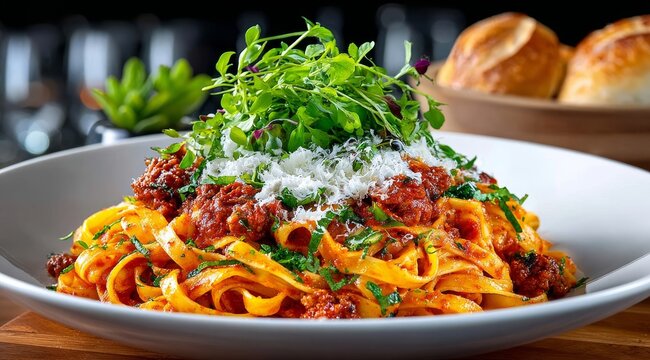 Bolo&ntilde;esa sobre pasta en un plato blanco con decoraci&oacute;n verde y pan al fondo