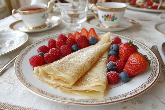 Pancakes servidos en un restaurante elegante con frutas y dos tazas de t&eacute;