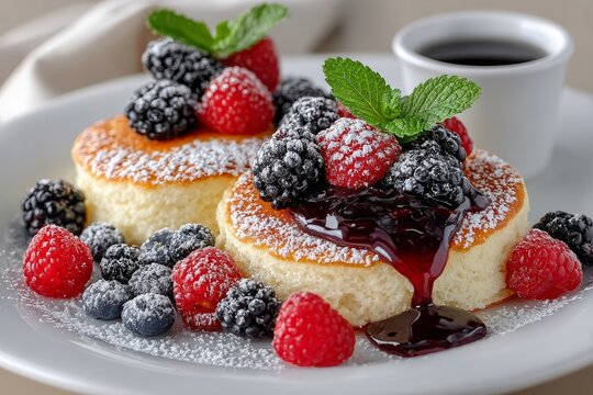 Pancakes servidos en un restaurante elegante con frutas y jarabe en un plato