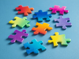 Colorful jigsaw fragments spread across a blue backdrop symbolize autism awareness and inclusivity. Each piece represents uniqueness and collective harmony despite variations.