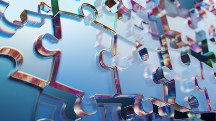 Metallic Puzzle Pieces: Iridescent Interlocking Shapes Create Colorful Abstract Art and Design