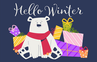 Fototapeta premium Cute polar bear with winter gifts and festive lettering Hello Winter. Cozy holiday vector card