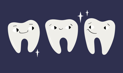 Cute clean teeth characters with smiling faces and shining effects. Fun dental care vector illustration