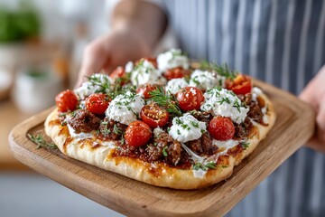 Naklejka premium Manos sosteniendo una tabla de madera con un plato de carne y tomates