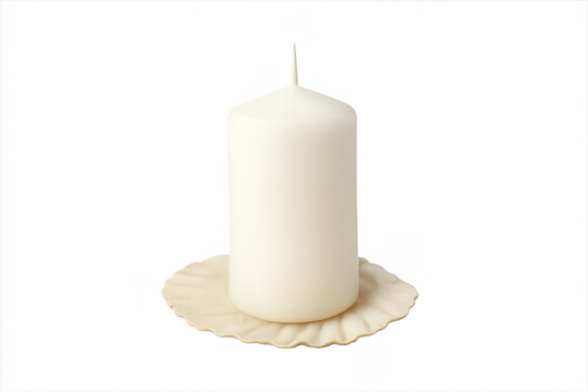 White unlit pillar candle on decorative holder with transparent background