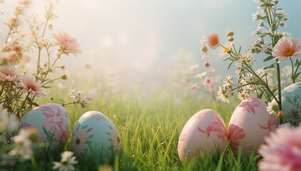 Colorful Easter Eggs Among Blooming Flowers in a Sunny Spring Field