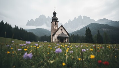Historic stone chapel with a bell tower and onion dome stands in a lush green meadow of wildflowers before a dramatic mountain range on a moody, overcast day