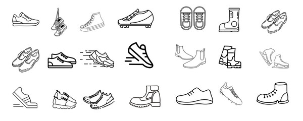 Icon Design, silhouette and line icon pack - Collection of various shoe styles and footwear icons hand drawn in a sketch art isolated on transparent background