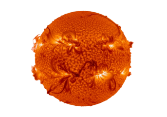 Stunning view of solar flares erupting from the sun's surface in vibrant orange, isolated on a transparent PNG background.