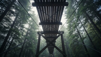 Long wooden suspension bridge with steel cables creates a symmetrical perspective from below, surrounded by tall evergreen trees in a moody, misty wilderness