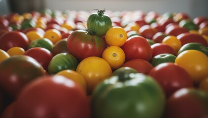 Freshly harvested multicolored heirloom and cherry tomatoes create a vibrant and abundant display, captured in a detailed close-up shot with soft, natural lighting and a blurred effect