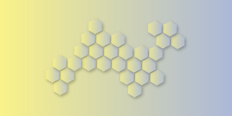 Abstract honeycomb pattern forming a flowing wave shape on a soft yellow-to-blue gradient background. Modern geometric hexagon design with subtle shadows and smooth pastel tones.