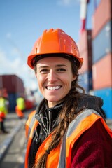 Fototapeta premium Female Port Engineer Smiling at Cargo Yard with Blue Sky Background