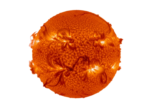 Stunning view of solar flares erupting from the sun's surface in vibrant orange, isolated on a transparent PNG background.