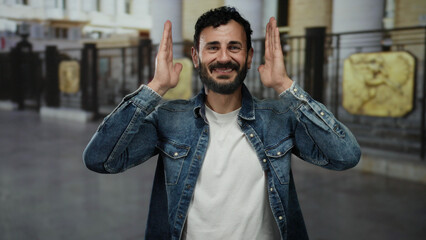 Hispanic man with beard gesturing excitedly outdoors on urban street in denim jacket with blurred...