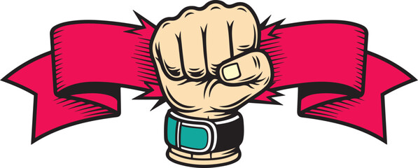 Clenched Fist with Teal Wristband and Red Ribbon Banner Bursting Outward hand power