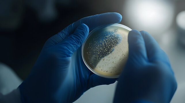 Gloved hands carefully hold a petri dish, filled with a culture teeming with microbial growth. This image showcases the intersection of science, biology, and discovery.