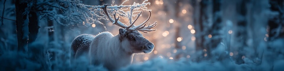 Fototapeta premium Reindeer standing in snowy forest with magical Christmas lights. Reindeer standing in deep snow, illuminated by magical Christmas lights in a winter forest