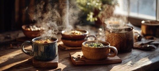 Fototapeta premium Cozy Autumn Morning Breakfast with Steaming Soups and Rustic Mugware in Golden Light