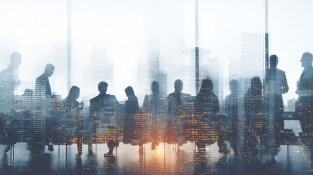 Creative Composite of City Skyline and Office Meeting in Cinematic Realism