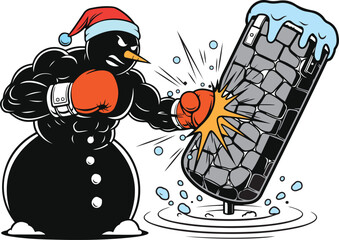 Muscular black snowman wearing orange boxing gloves and a Santa hat punches a grey brick wall with an icy top