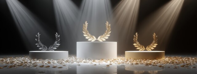 Naklejka premium Award gold winner podium prize silver background golden first laurel place ceremony. Poster award gold winner 3d wreath trophy stage rank star bronze win circle banner red leaf movie design victory