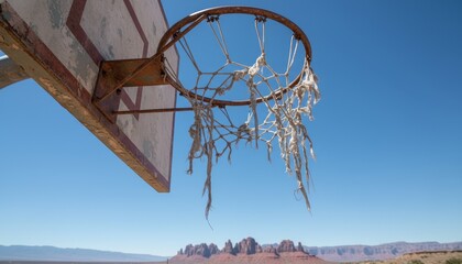 Old weathered basketball hoop with a rusty rim and tattered net stands in a desolate desert landscape with distant red rock formations under a bright blue sky