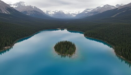 Vibrant turquoise alpine lake with a small pine tree island sits nestled in a vast evergreen forest valley surrounded by majestic snow-capped mountains under a cloudy sky
