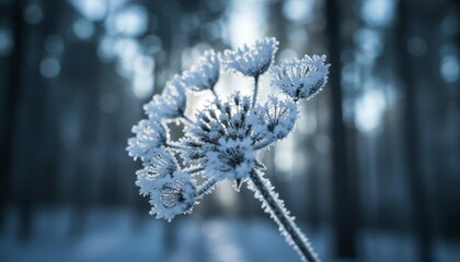 Delicate frozen wildflower covered in sparkling ice crystals is beautifully backlit by the low winter sun in a magical, cold forest with an ethereal blue glow
