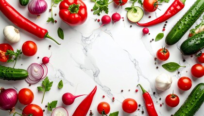 Fresh Vegetables Arranged on a Marble Surface Offering a Vibrant Culinary Aesthetic
