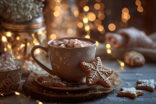 Cozy Christmas Still Life with Hot Cocoa and Gingerbread Cookies
