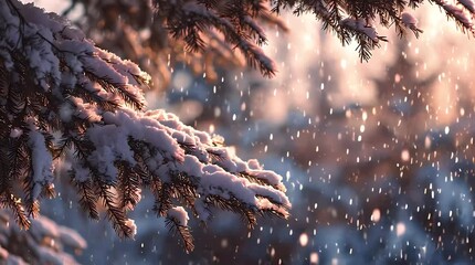 Snow covered pine branches with falling snow in sunlight - Powered by Adobe
