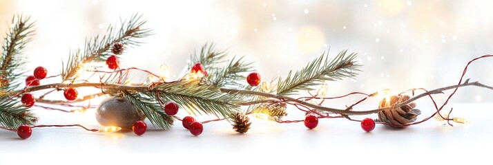 Festive pine garland with red berries and warm string lights on white background