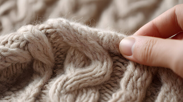 Cozy Comfort: Detail of a hand delicately touching a knitted sweater, showcasing the tactile quality of a soft, warm garment.