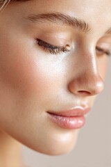 Beauty portrait of a young woman with soft features and natural makeup, showcasing glowing skin and delicate expressions against a neutral background with copy space