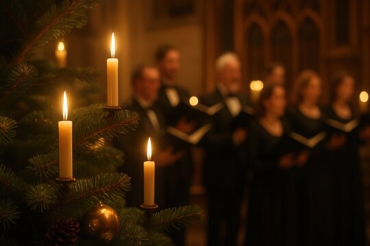 A choir singing Christmas carols by candlelight in a church. Close-up of a traditional Christmas tree with lit candles. Festive holiday concert atmosphere