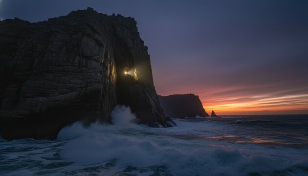 Massive rocky sea cliff with a mysterious glowing light shining from a cave as powerful ocean waves crash against the shore during a dramatic and colorful twilight sunset - Powered by Adobe