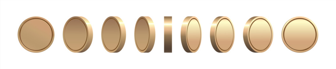 Rotating 3d gold coins, golden money set. Vector illustration 10 eps.