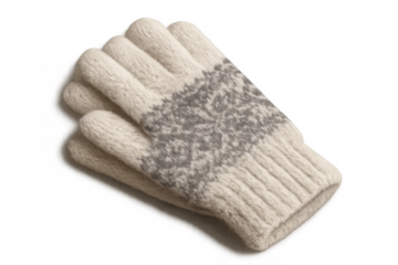 Pair of warm knitted wool gloves in a light color with gray pattern, keeping hands warm on cold winter days, transparent background