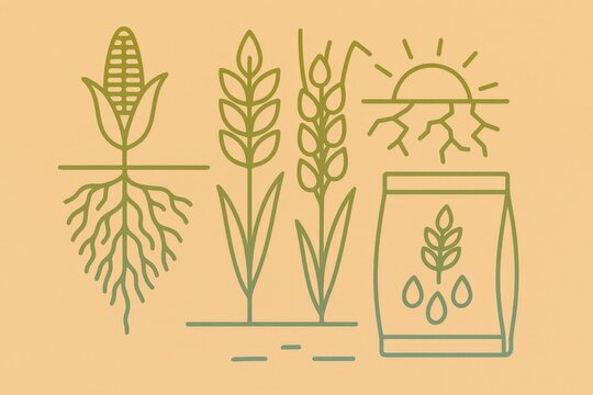 Abstract illustration of sustainable agriculture depicting corn with roots and seedlings alongside a sun with soil in a modern minimalist aesthetic representing environmental stewardship and