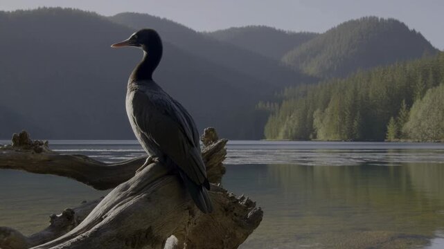 A cormorant resting on a log by a serene lake with forested hills in the background Stock Video