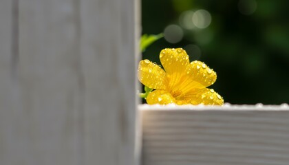 Single delicate yellow flower covered in sparkling water droplets peeks from behind a light wooden structure, illuminated by bright, natural morning sunlight