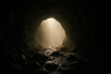 View from inside a dark rock cave towards a bright light at the exit. Rocky tunnel leading to a mysterious opening. Concept of hope and exploration