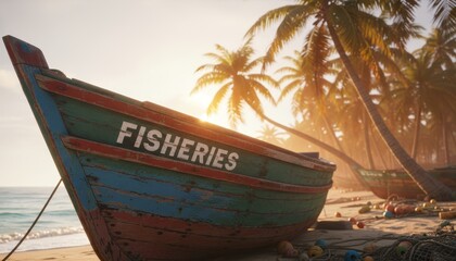 Weathered green and red wooden fishing boat with peeling paint sits beached on a tropical shore with palm trees during a warm and hazy golden hour sunset