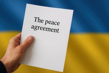 A person holds a peace agreement document with the flag of Ukraine in the background. Diplomacy and an end to war concept