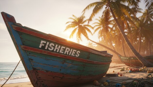 Weathered green and red wooden fishing boat with peeling paint sits beached on a tropical shore with palm trees during a warm and hazy golden hour sunset - Powered by Adobe