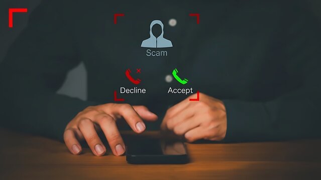 Adult man receiving a scam phone call alert on smartphone, concept of online fraud detection, phishing, and cybercrime prevention. Digital security and identity protection awareness. Hacking - Powered by Adobe